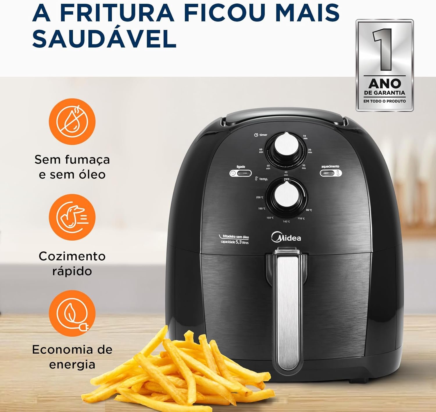 Fritadeira Airfryer Sem Óleo 5,3L,220V, 1700W Preto FRB50P, Midea - Imagem 2