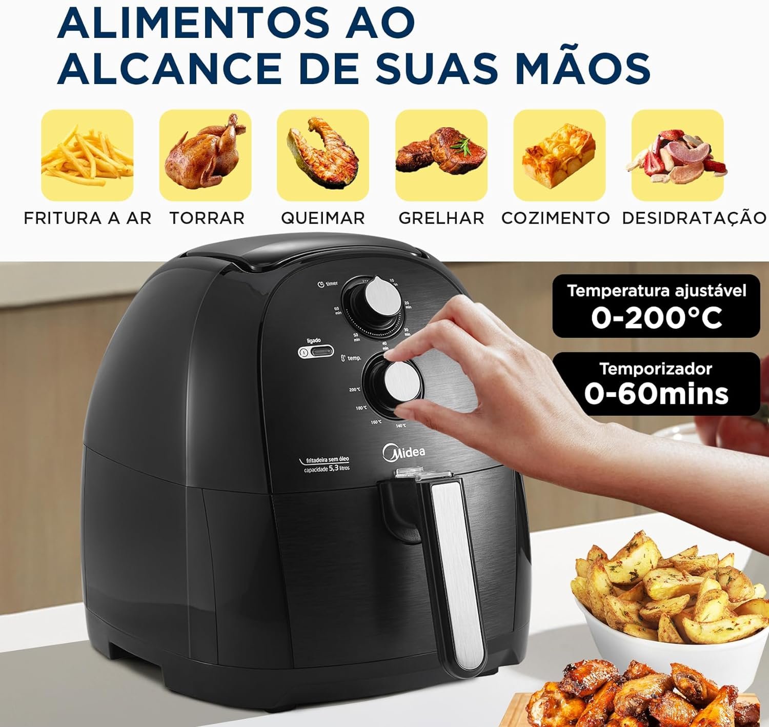 Fritadeira Airfryer Sem Óleo 5,3L,220V, 1700W Preto FRB50P, Midea - Imagem 3