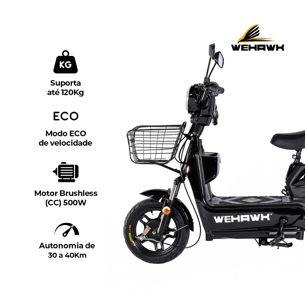 Bicicleta Scooter Elétrica 500W Bike WeHawk WX-03 Basket – Bateria 48V 12Ah Removível Autopropelido - Imagem 4