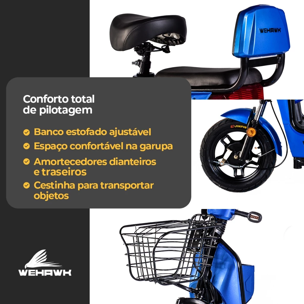 Bicicleta Scooter Elétrica 500W Bike WeHawk WX-03 Basket – Bateria 48V 12Ah Removível Autopropelido - Imagem 8