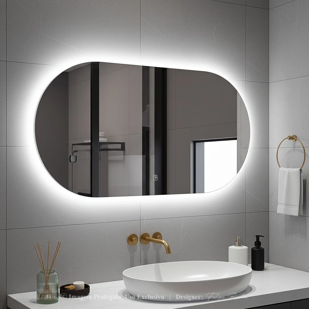 Espelho Oval Grande de Parede com LED Orgânico – Luz Quente e Fria para Banheiro Sala Quarto - Imagem 9