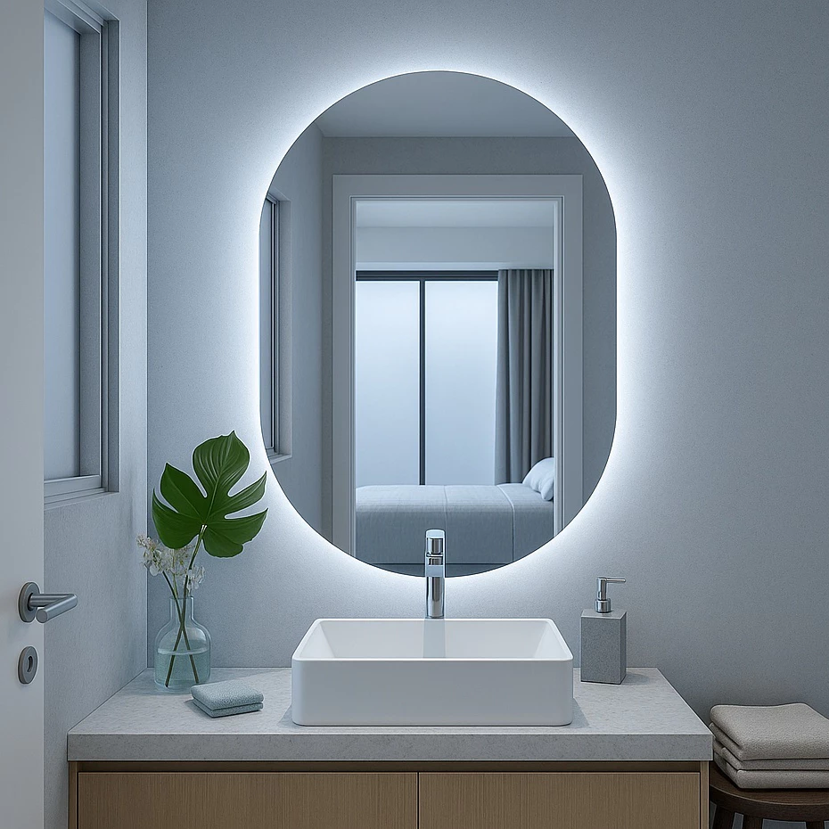 Espelho Oval Grande de Parede com LED Orgânico – Luz Quente e Fria para Banheiro Sala Quarto - Imagem 3