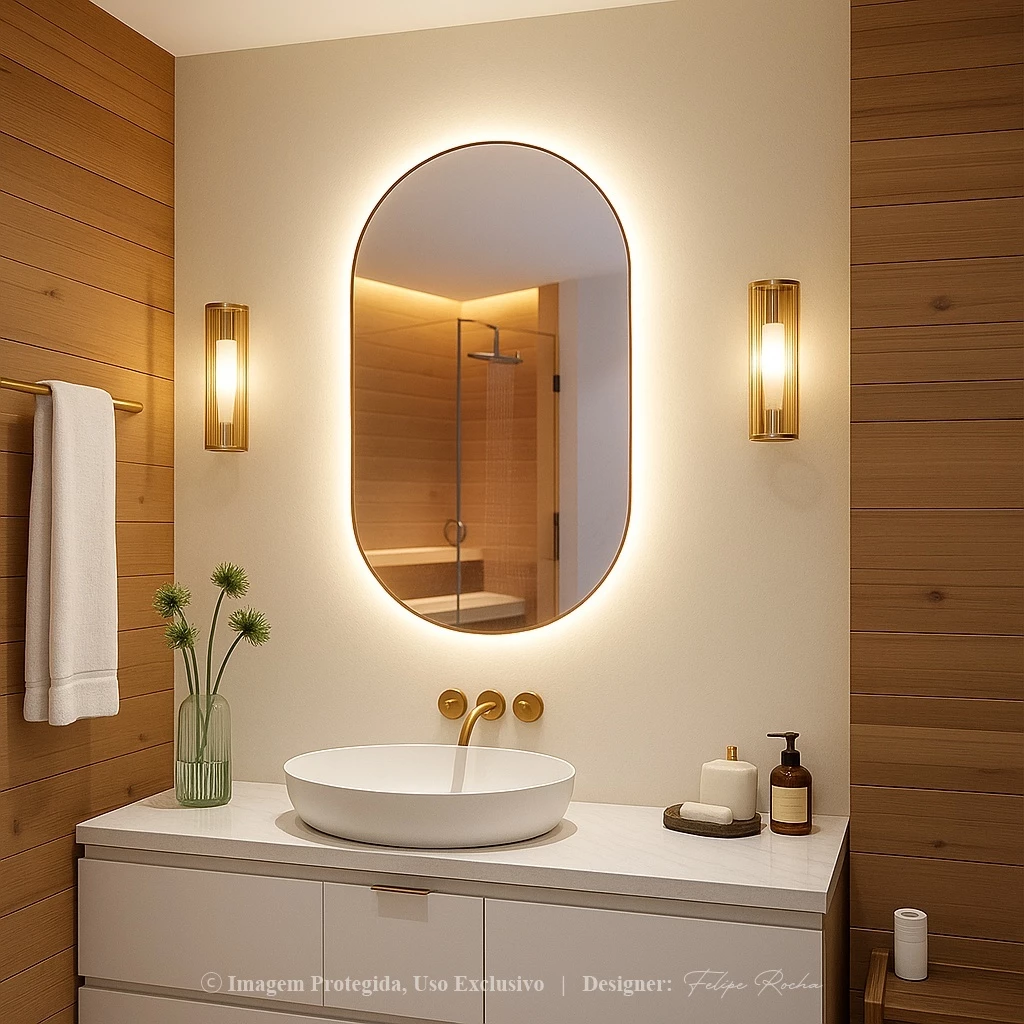 Espelho Oval Grande de Parede com LED Orgânico – Luz Quente e Fria para Banheiro Sala Quarto - Imagem 4