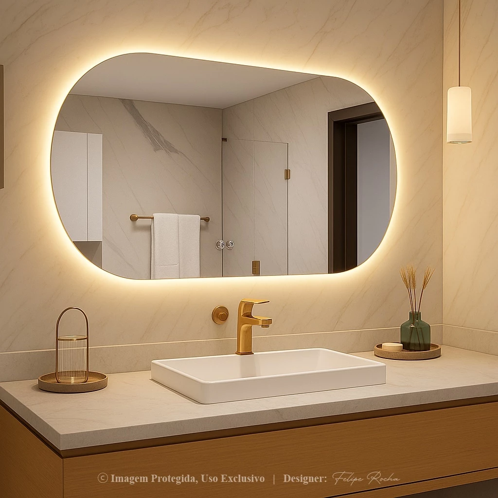 Espelho Oval Grande de Parede com LED Orgânico – Luz Quente e Fria para Banheiro Sala Quarto