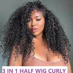 Peruca de Cabelo Humano Cacheado Meia Peruca 200% Densidade, Cabelo Humano Crespo Cacheado 3 Em 1 Com Linha Capilar Invisível e Cordão Ajustável Sem Costura