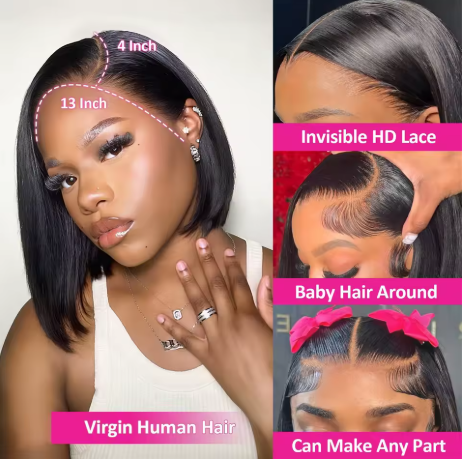 Bob Peruca de Cabelo Humano 13x4 Hd Frente do Laço Perucas de Cabelo Humano para Preto Feminino Sem Cola Perucas Dianteiras do Laço Pré Arrancadas Pré Corte Em Linha Reta Bob - Imagem 4