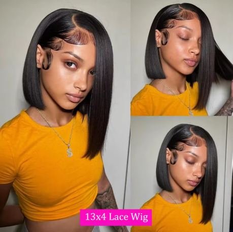 Bob Peruca de Cabelo Humano 13x4 Hd Frente do Laço Perucas de Cabelo Humano para Preto Feminino Sem Cola Perucas Dianteiras do Laço Pré Arrancadas Pré Corte Em Linha Reta Bob - Imagem 2