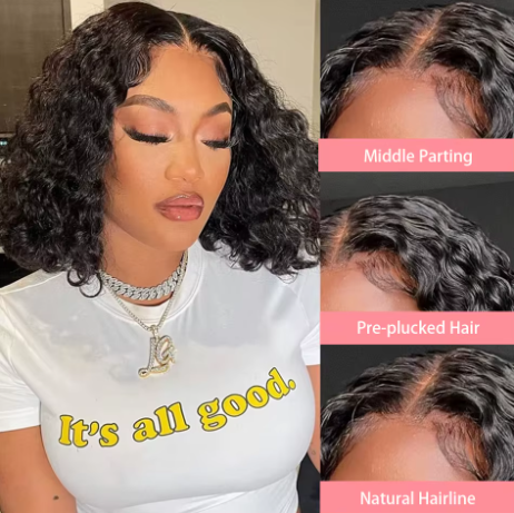 Peruca Curta Bob Com Ondas Profundas 230% Densidade, Peruca Frontal Hd Lace 13x4, Cabelo Humano Brasileiro 100% Natural, 14-16 Polegadas, Peruca Frontal Transparente 4x4