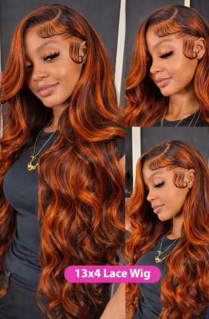 Peruca de Cabelo Humano Ondulado 4/350 Com Destaques Ombré, Peruca Frontal de Renda 13x6, Peruca Frontal de Renda 13x4 Com Ondas de Água na Cor Laranja Acobreado Marrom - Imagem 2
