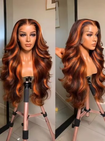 Peruca de Cabelo Humano Ondulado 4/350 Com Destaques Ombré, Peruca Frontal de Renda 13x6, Peruca Frontal de Renda 13x4 Com Ondas de Água na Cor Laranja Acobreado Marrom - Imagem 3