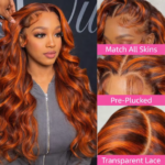 Peruca de Cabelo Humano Ondulado 4/350 Com Destaques Ombré, Peruca Frontal de Renda 13x6, Peruca Frontal de Renda 13x4 Com Ondas de Água na Cor Laranja Acobreado Marrom
