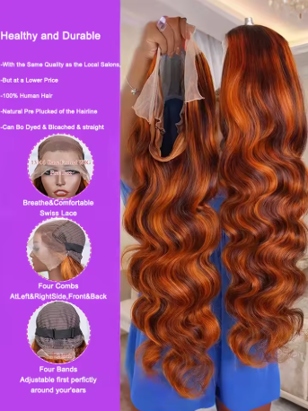 Peruca de Cabelo Humano Ondulado 4/350 Com Destaques Ombré, Peruca Frontal de Renda 13x6, Peruca Frontal de Renda 13x4 Com Ondas de Água na Cor Laranja Acobreado Marrom - Imagem 4