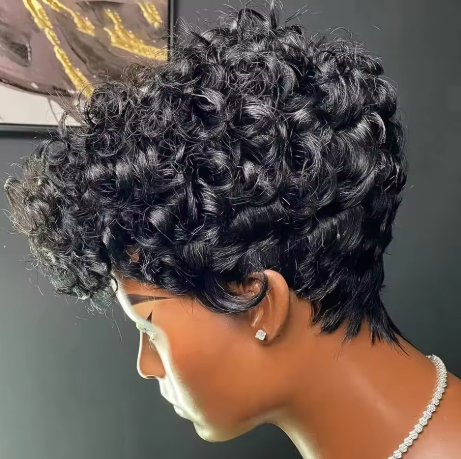 Perucas Curtas Pretas Cacheadas Pixie para Mulheres, Cabelo Humano, Peruca Curta Cacheada Pixie Feita à Máquina, Aparência Natural.