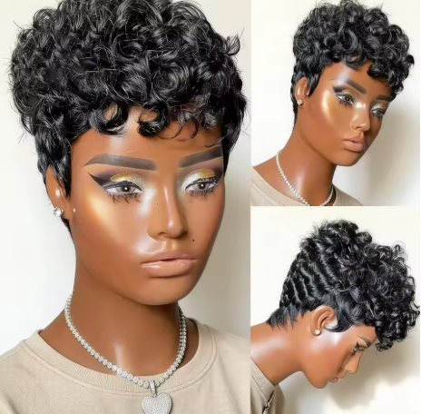 Perucas Curtas Pretas Cacheadas Pixie para Mulheres, Cabelo Humano, Peruca Curta Cacheada Pixie Feita à Máquina, Aparência Natural. - Imagem 5