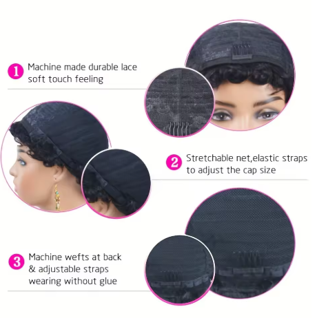 Perucas Curtas Pretas Cacheadas Pixie para Mulheres, Cabelo Humano, Peruca Curta Cacheada Pixie Feita à Máquina, Aparência Natural. - Imagem 6