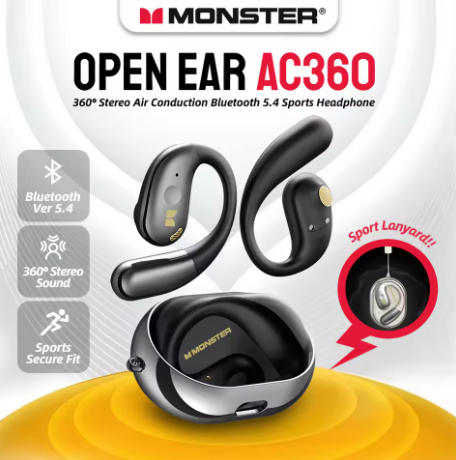 Monster Open Ear Ac360 Fone de Ouvido de Condução de ar Bluetooth 5.4 Ture Fones de Ouvido Sem Fio 360 ° Fone de Ouvido Esportivo Sem Fio Estéreo Ows - Imagem 3